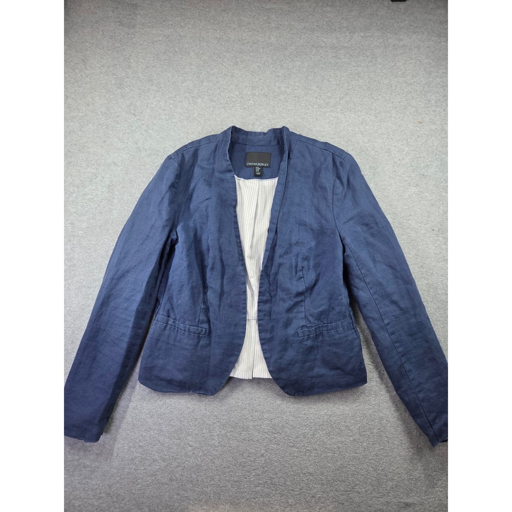 Cynthia Rowley Womens 100% Linen Open Front Blazer M Navy Blue Coastal Classic
